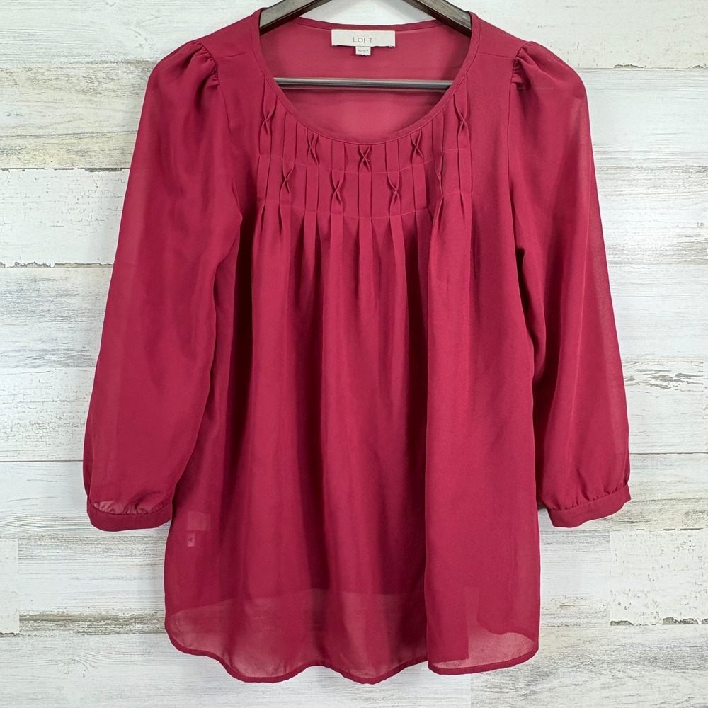 LOFT Blouse XS Maroon Red Pintuck Relaxed A‎ Line Sheer 3/4 Slv Button Cuff Top